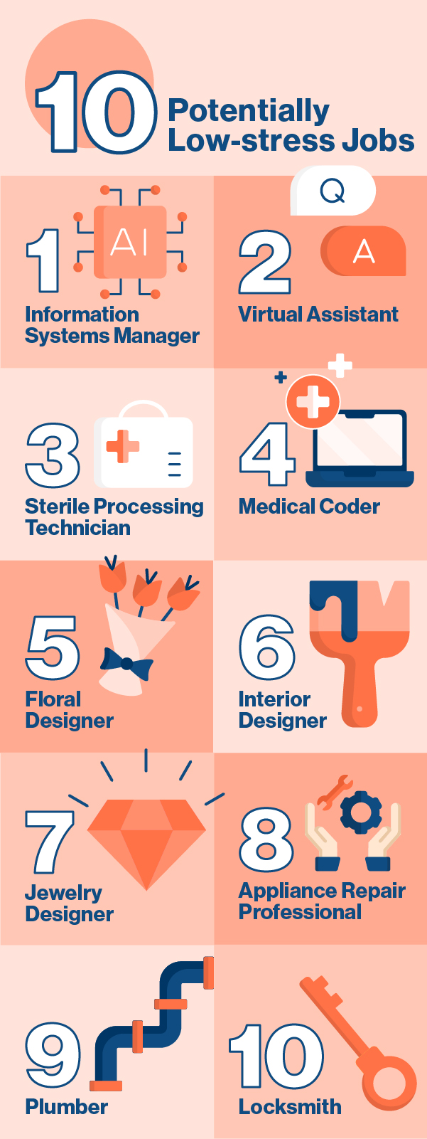 10 Potentially Low-stress Jobs Information systems manager Virtual assistant Sterile processing technician Medical coder Floral designer Interior designer Jewelry designer Appliance repair professional Plumber Locksmith.