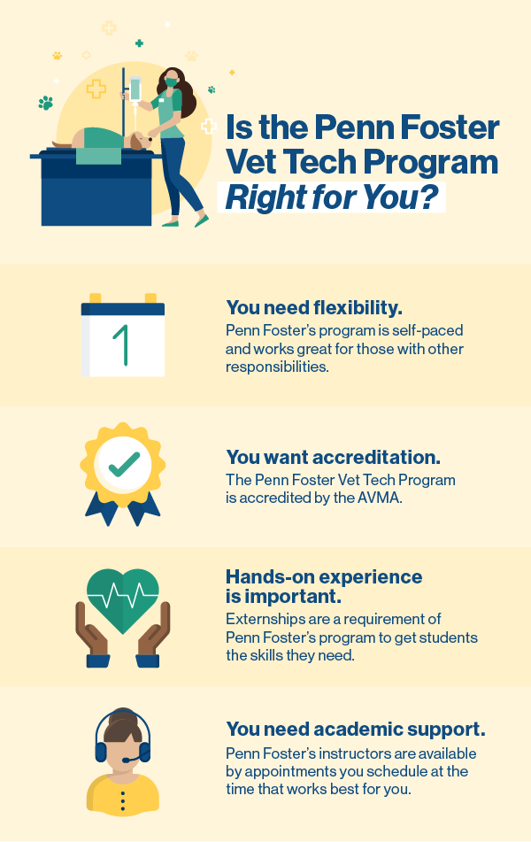 infographic Title: Is the Penn Foster Vet Tech Program Right for You? You need flexibility Penn Foster’s program is self-paced and works great for those with other responsibilities. You want accreditation The Penn Foster Vet Tech Program is accredited by the AVMA. Hands-on experience is important Externships are a requirement of Penn Foster’s program to get students the skills they need. You need academic support Penn Foster’s instructors are available by appointments you schedule at the time that works best for you.