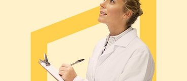 woman holding a clipboard looking up.