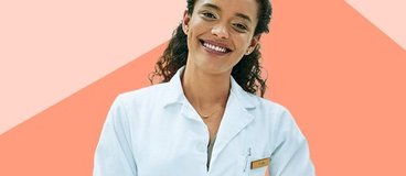 pharmacy technician in white lab coat on red and pink background.