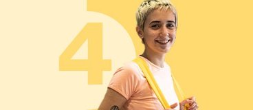 girl with short hair wearing a backpack on background with the number 4.