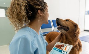 A woman with caramel skin and curly hair wears scrubs and holds an ipad while petting a dog