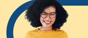 girl in yellow tshirt on yellow and blue background.