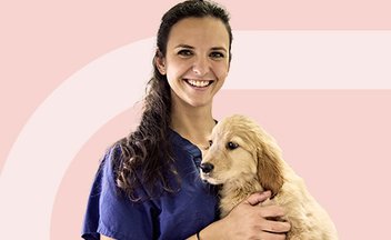 Vet tech in scrubs holding puppy.