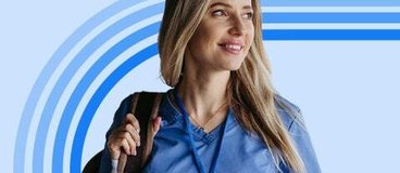Woman in blue scrubs carrying backpack.