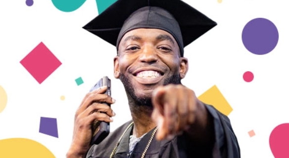 happy graduate with cell phone.