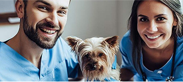 Two veterinary technicians posing with small dog.