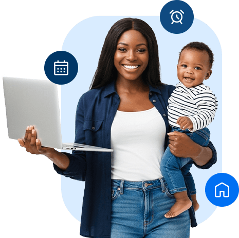 Mom with child and laptop.