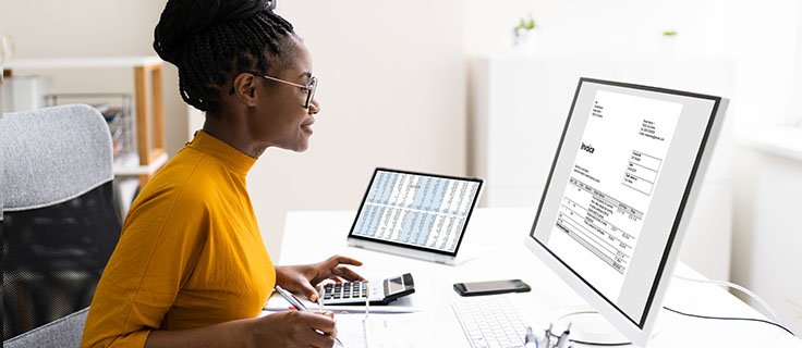 accountant working on desktop computer.
