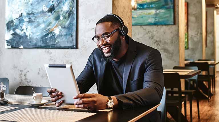 business professional on virtual meeting.