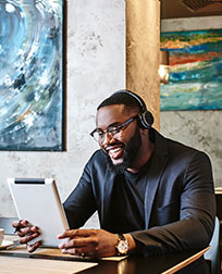 business professional on virtual meeting.